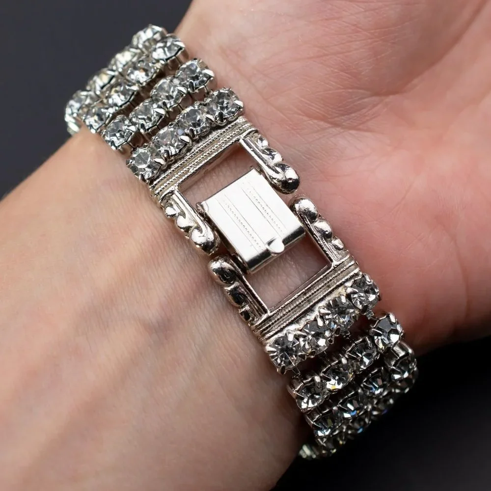 Wide rhinestone tennis bracelet, statement clear crystal bracelet 60s vintage